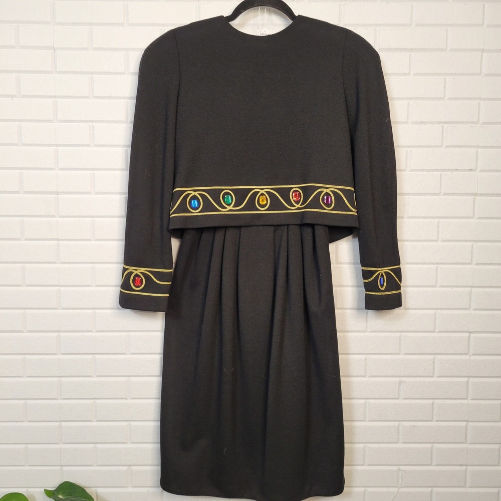 Vintage 80s Warren Petites Black‎ Jewel Embellished 2pc Dress Size 4 waist 26"
